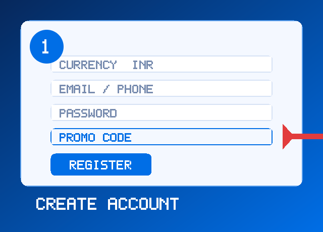 Step 1: registration form with currency, email or phone, password and promo code field